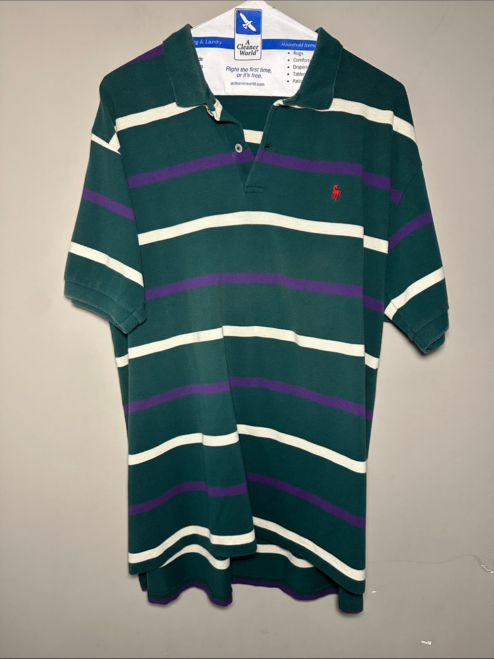Hunt Club cotton dark forest green with white and purple stripes polo